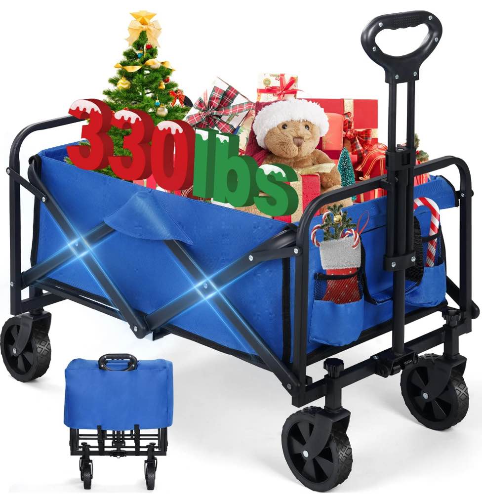 Firstness Collapsible Wagon Cart, Folding Utility Garden Wagon for Camping Beach Picnic Shopping Sports & Grocery, Blue