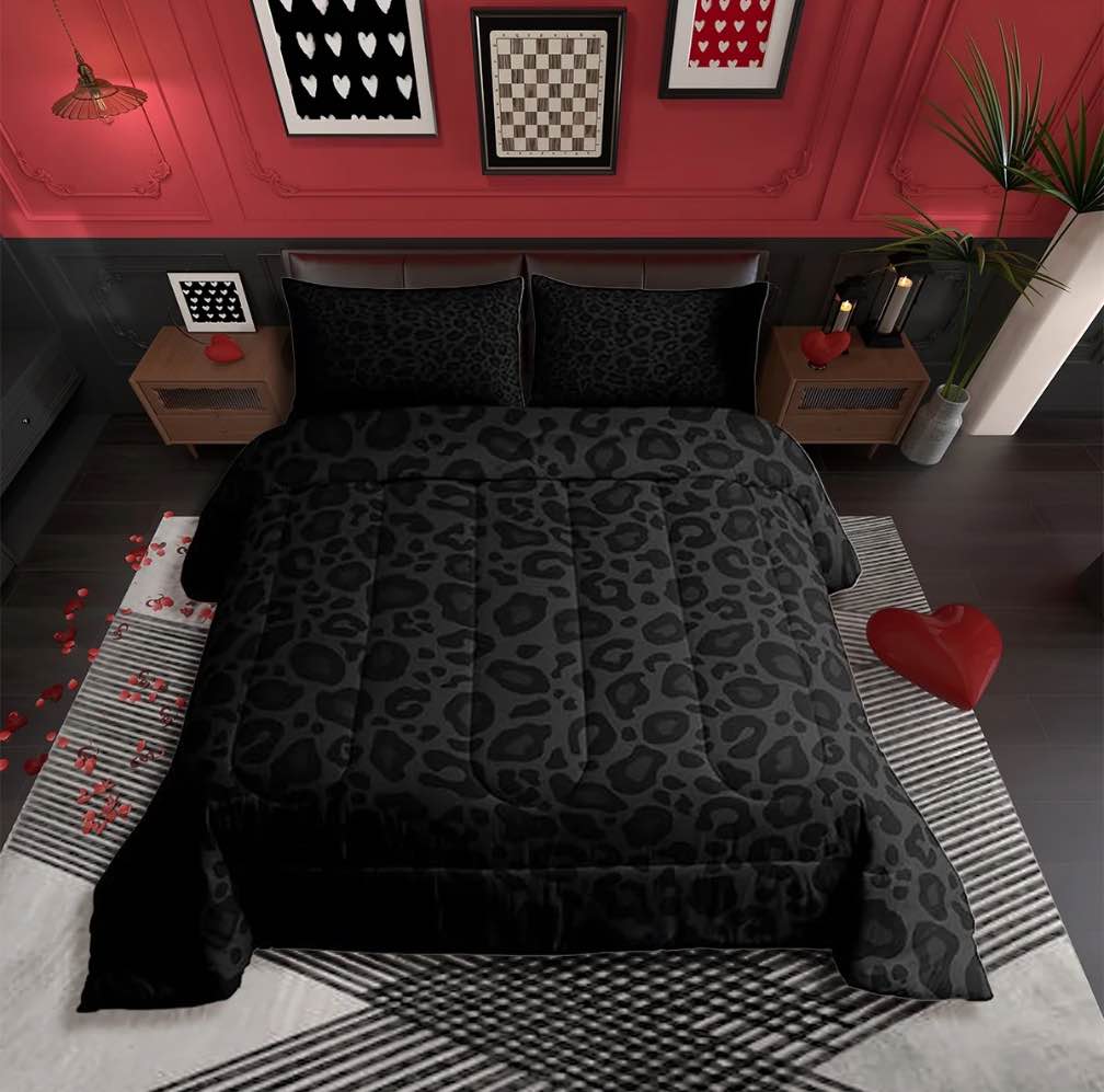 Leopard Print Comforter Set King Size,Abstract Cheetah Texture Bedding Set,Women Room Decor,Rustic Farmhouse Retro Down Comforter,Black Noble Duvet Insert