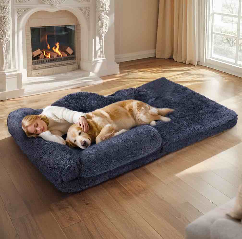 Foldable Human Dog Bed for Adult, Orthopedic Memory Foam Dog Bed for Humans, Waterproof Human Dog Bed for People, Faux Fur Human Sized Dog Bed,Black