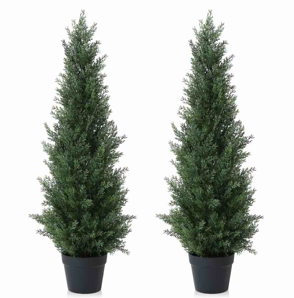 Artificial Cedar Tree 2 Pack 3 ft Outdoor Artificial Topiary Cedar Plants Fake Tree UV Rated Potted Plants for Porch Decor Faux Pine Tree for Perfect Housewarming Gift