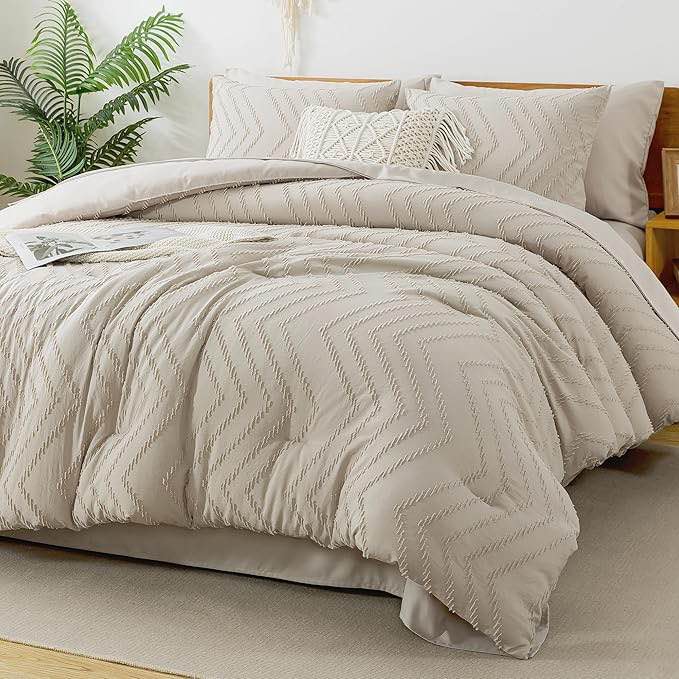 Litanika King Size Comforter Set with Sheets Beige -Bed in a Bag King Chevron Tufted Boho 