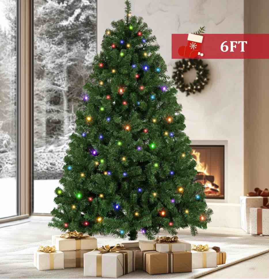 Funcid 6ft Premium Pre-Lit Hinged Artificial Christmas Tree Full Tree with 1477 PVC Branch Tips  250 Incandescent Lights  Foldable Metal Stand  Green