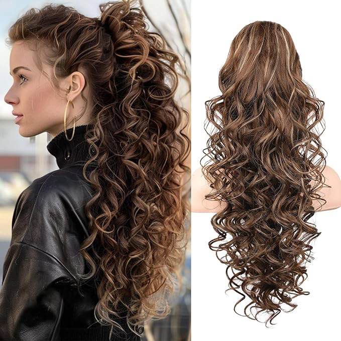 SEIKEA Ponytail Extension, 18" Wavy Claw Clip in Hair Extensions for Women, Lightweight Fluffy Synth