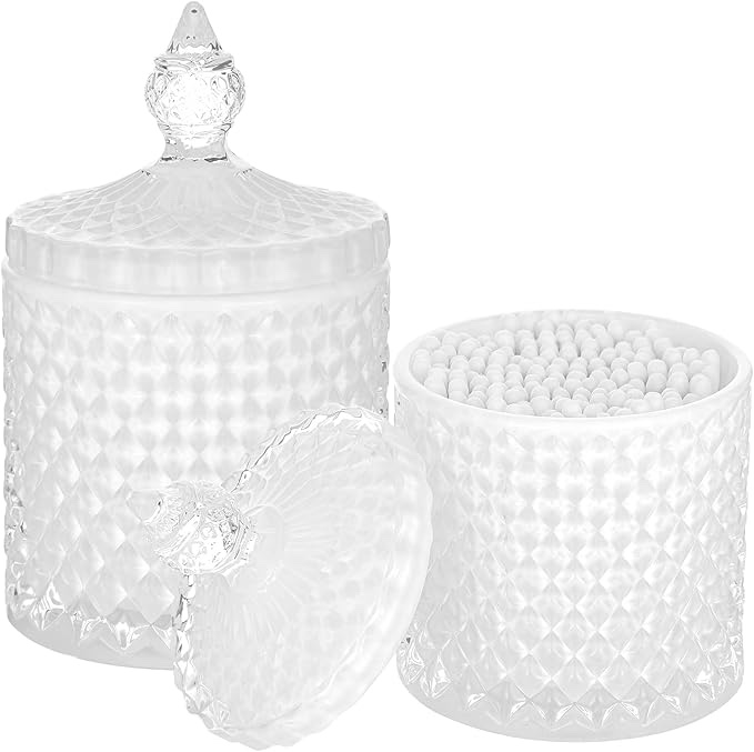 rejomiik 2 Pack Qtip Holder Thick Glass Apothecary Jars with Lid for Bathroom Decor Storage Organize