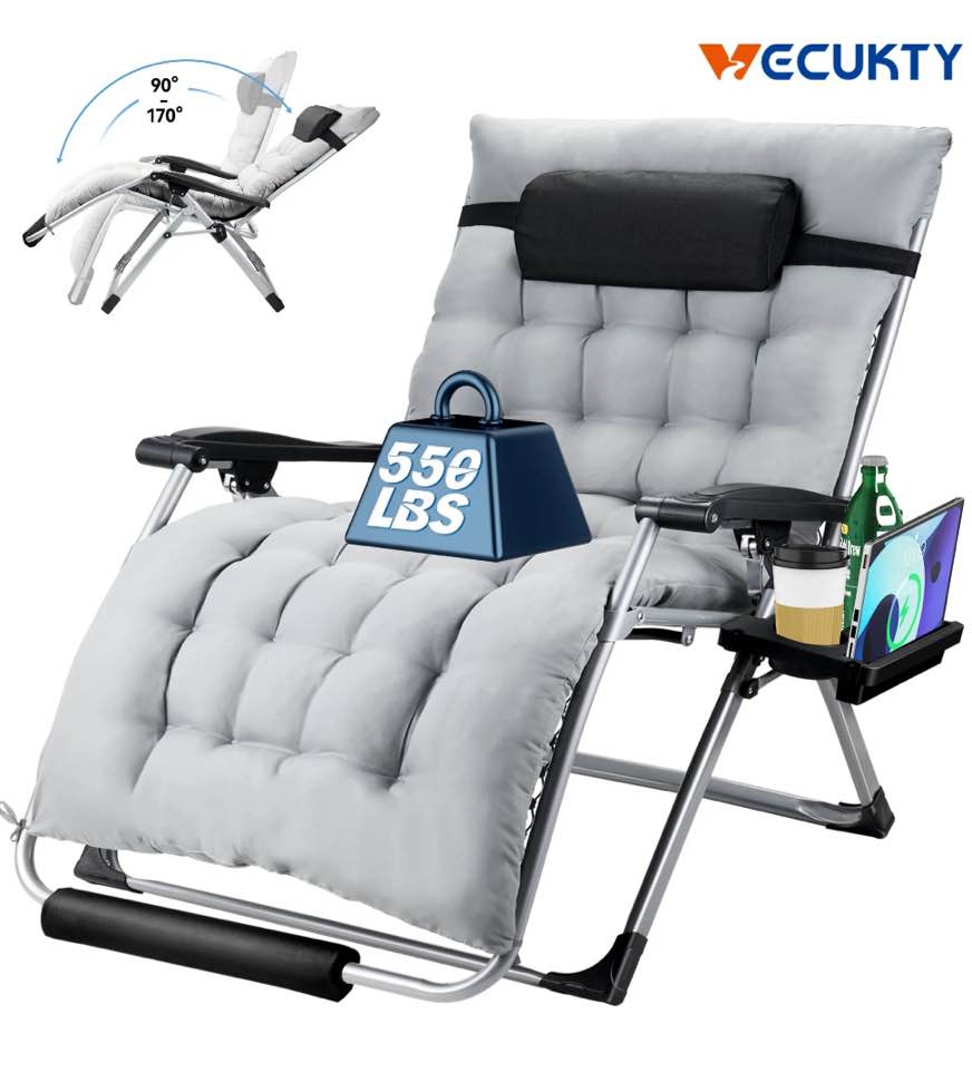Zero Gravity Chair,VECUKTY Patio Lawn for Indoor and Outdoor Chairs ,550lbs Oversized XL 33IN Ergonomic Lounge Folding Reclining Chair,Gray
