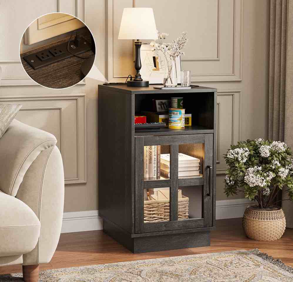 VEANERWOOD End Tables for Living Room with Charging Station & LED Light, Nightstand for Bedroom with Glass Door and Adjustable Shelf, Black