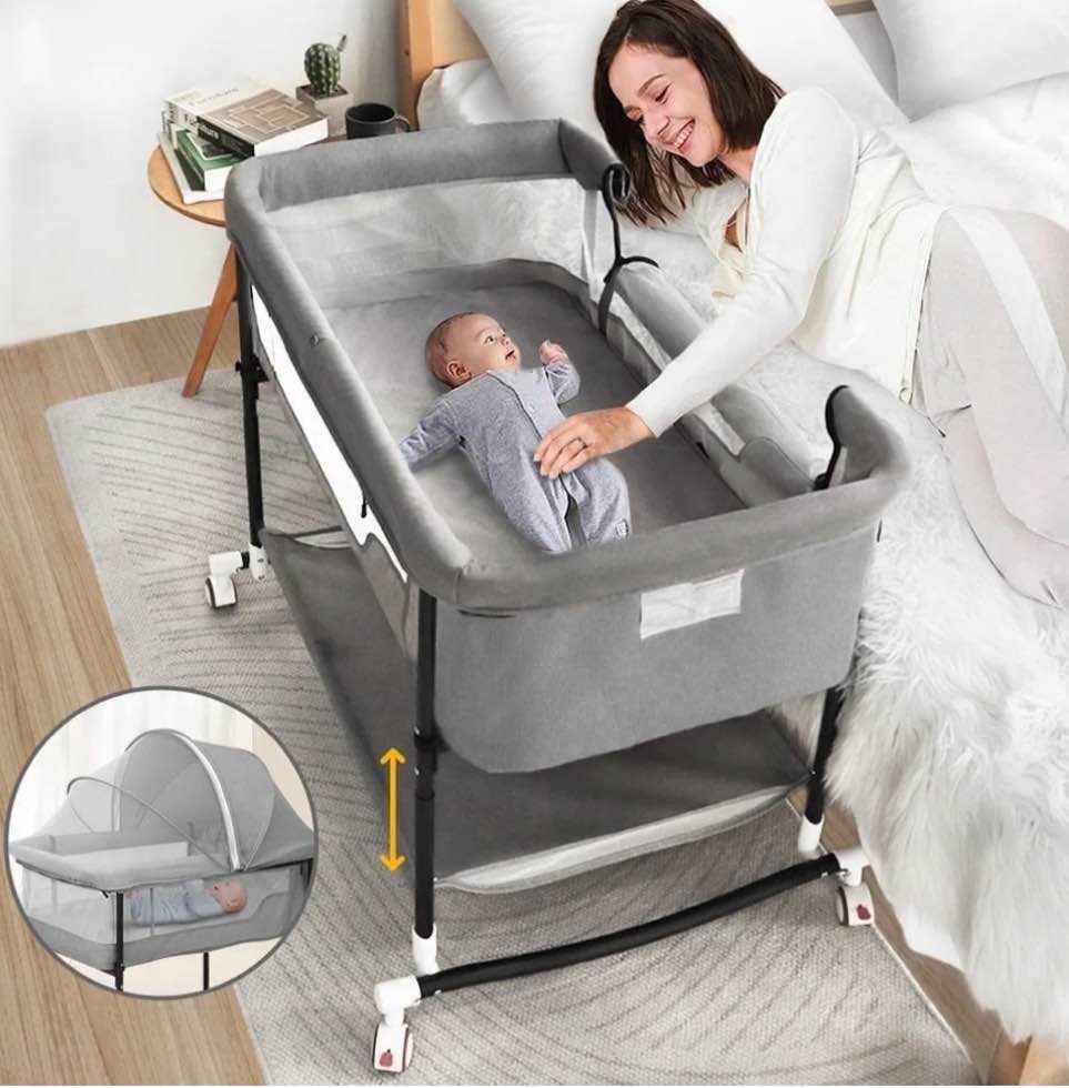 Baby Bassinet, Caveen 4 in 1 Adjustable Infant Bedside Crib Beds with Changing Table, Storage Basket, Wheel, Mosquito Net, for 0-24 Months, Gray