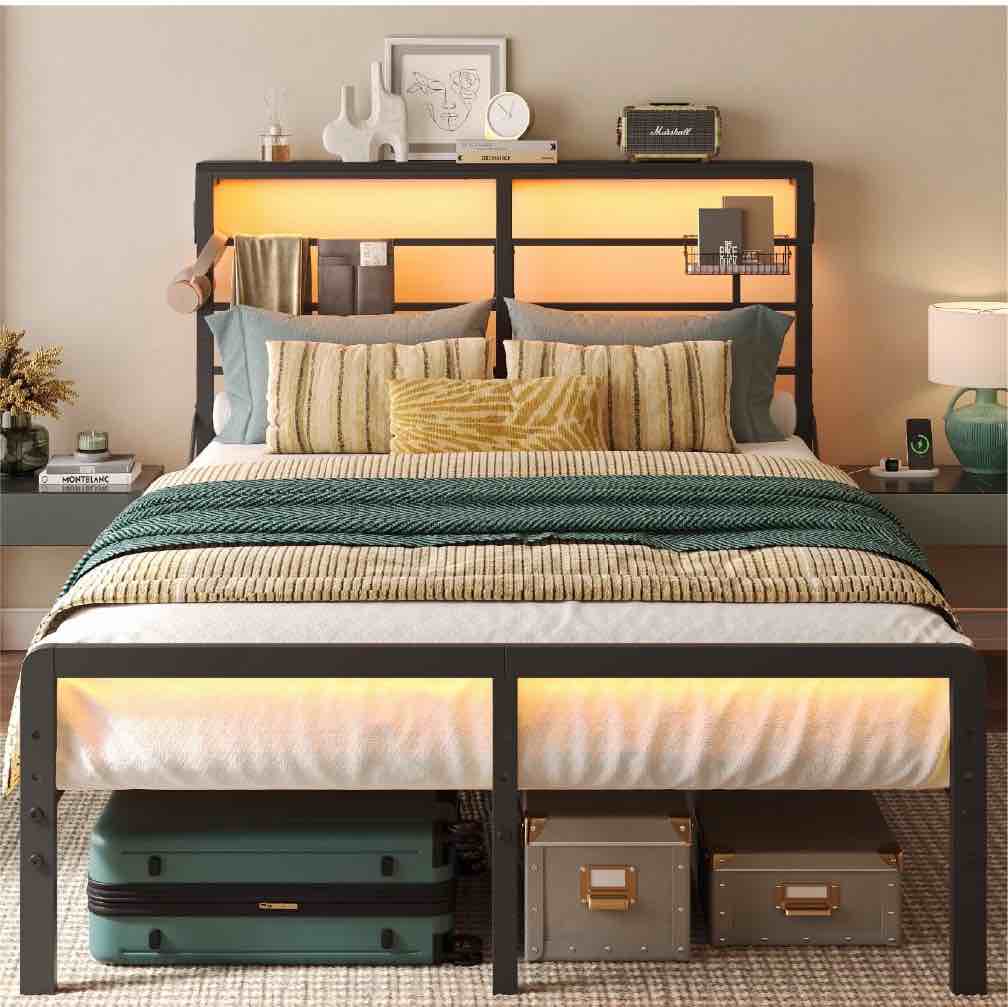 Bestier Queen Size Bed Frame with LED Headboard & Charging Station, Metal Platform Bed with 15.7'' Large Under Bed Storage, Black