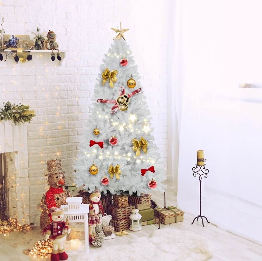 JUSTLET Christmas Tree  6FT Artificial Christmas Tree W/ 1000 PVC Branch Tips  Unlit  White