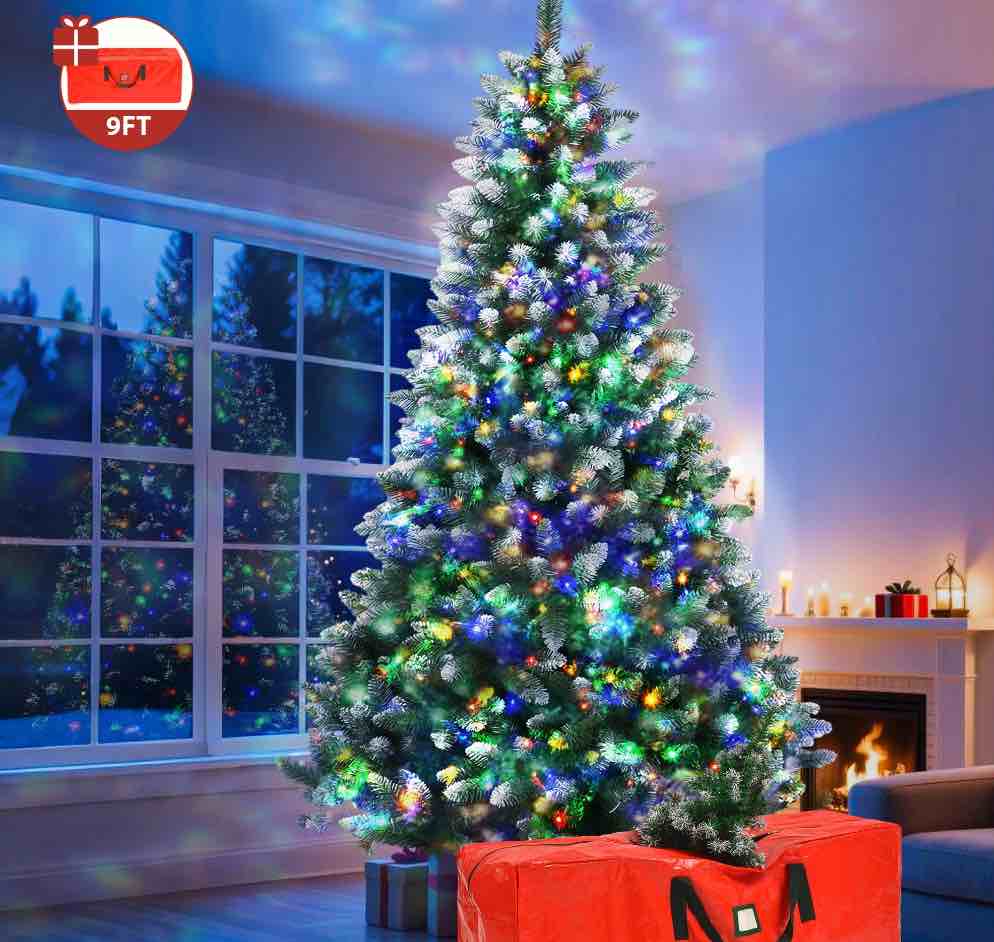 Yexmas 9ft Pre-Lit Green Christmas Tree, 11 Modes Colored LED Lights, Artificial Xmas Tree with Large Storage Bag