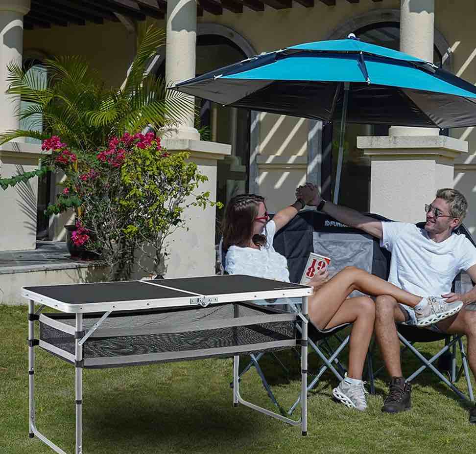 FUNDANGO Black Portable Folding Card Table with Adjustable Mesh Storage Bag 2.7ft Card Table for Camping, Travel, Outdoor Folding Card Table with Handle, 47.2"*23.6"*27.5", Black