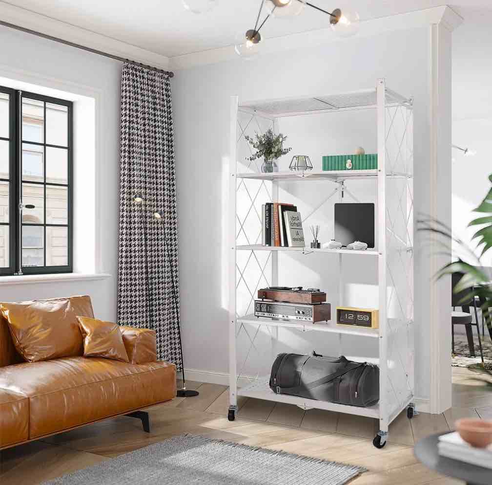 COOKCOK 5-Tier Storage Shelving Unit  Metal Shelf 27.9 x13.4 x62.5  Foldable Storage Shelf with Wheels  Garage Shelf  Metal Storage Rack  Kitchen Shelf with 4 Hooks  No Assemble Require  White