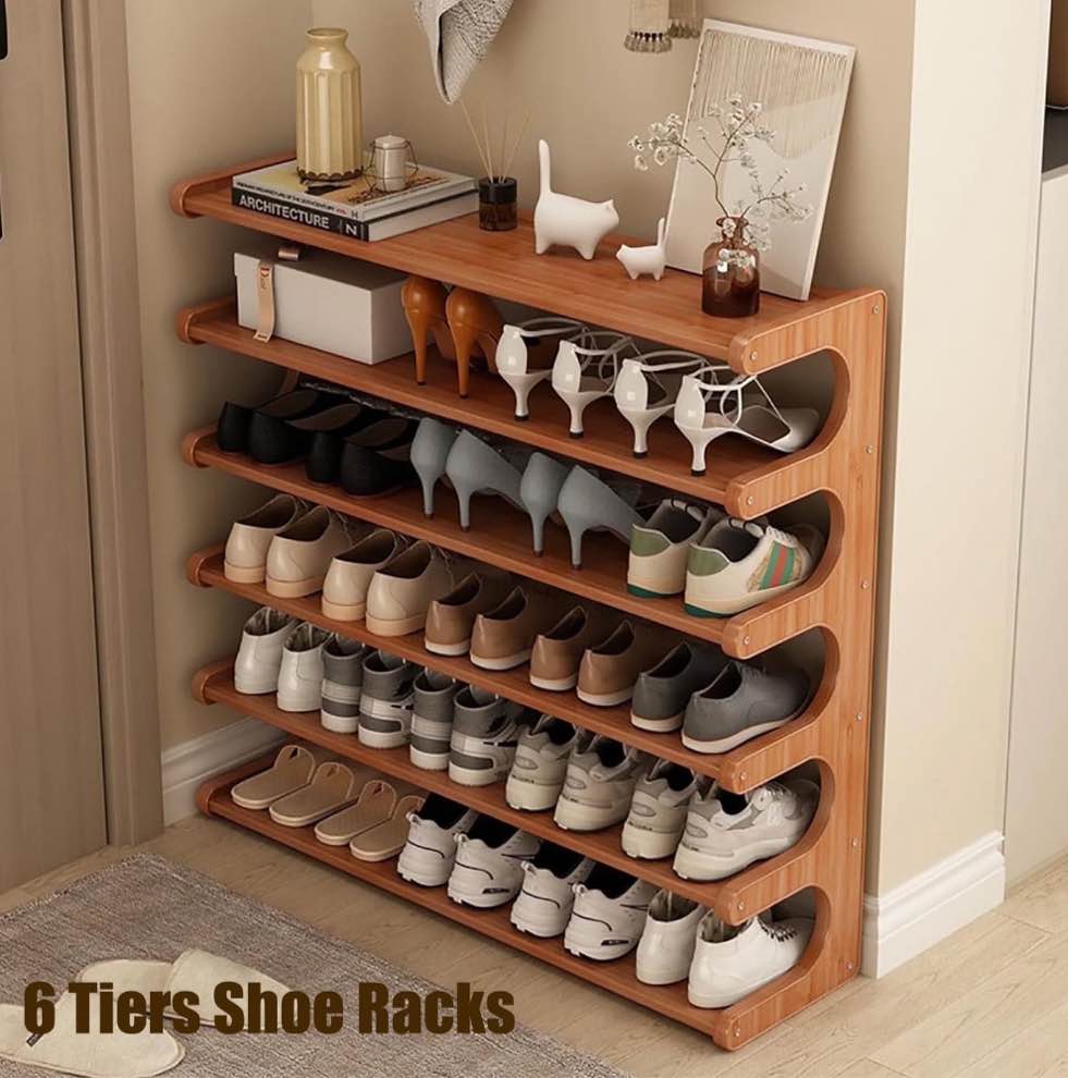 6 Tiers Shoe Racks, Bamboo Vertical Shoe Rack Organizer for Closet Floor, Wooden Stackable Shoe Storage Shelves, for Entryway, Hallway, Multifunctional Front Door Shoe Rack, 70cm/27.5''