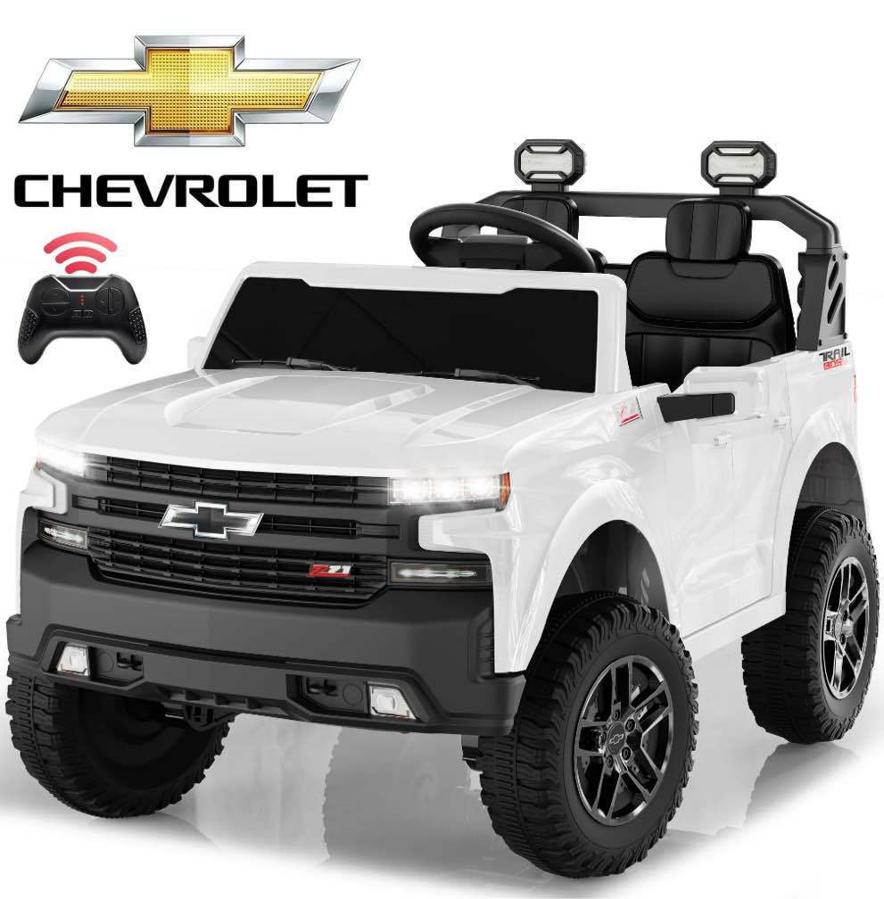 Chevrolet Silverado 24V Powered Ride on Cars for Kids, Extra large Real 2 Seat Ride on Toys with Remote Control, LED Light, MP3 Player, Electric Vehicles Ride on Truck for Boys Girls Gifts, White