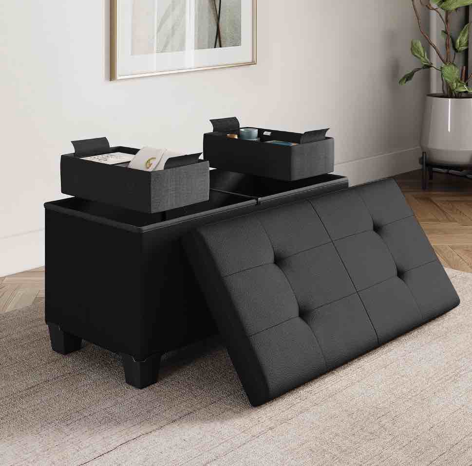 Hearth & Harbor Ottoman Storage Bench, Faux Leather 30" Storage Ottoman Bench, Black