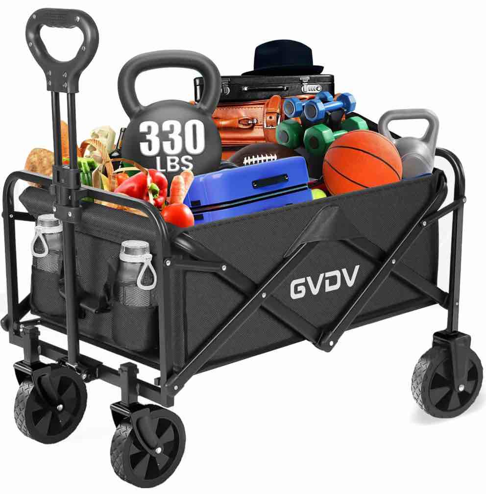 GVDV Collapsible Wagon Cart, Portable Utility Wagon for Camping, Beach, Picnic, Shopping, Sports, and Grocery Transport, Black