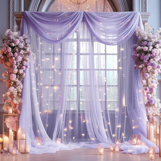 10x10ft Purple Tulle Backdrop Curtain with Lights String for Parites, Sheer Photo Backdrop Curtains 