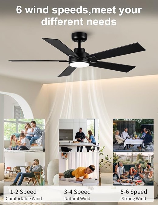 Modern Ceiling Fans with Lights - 52 inch Black Outdoor Ceiling Fan with Light and Remote, Reversibl
