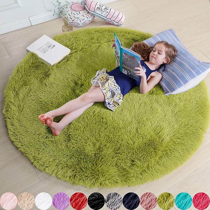 Grass Green Round Fuzzy Plush Rug for Bedroom, Non-Slip Shaggy Round Rug?4'X4'Furry Carpet for Teen'