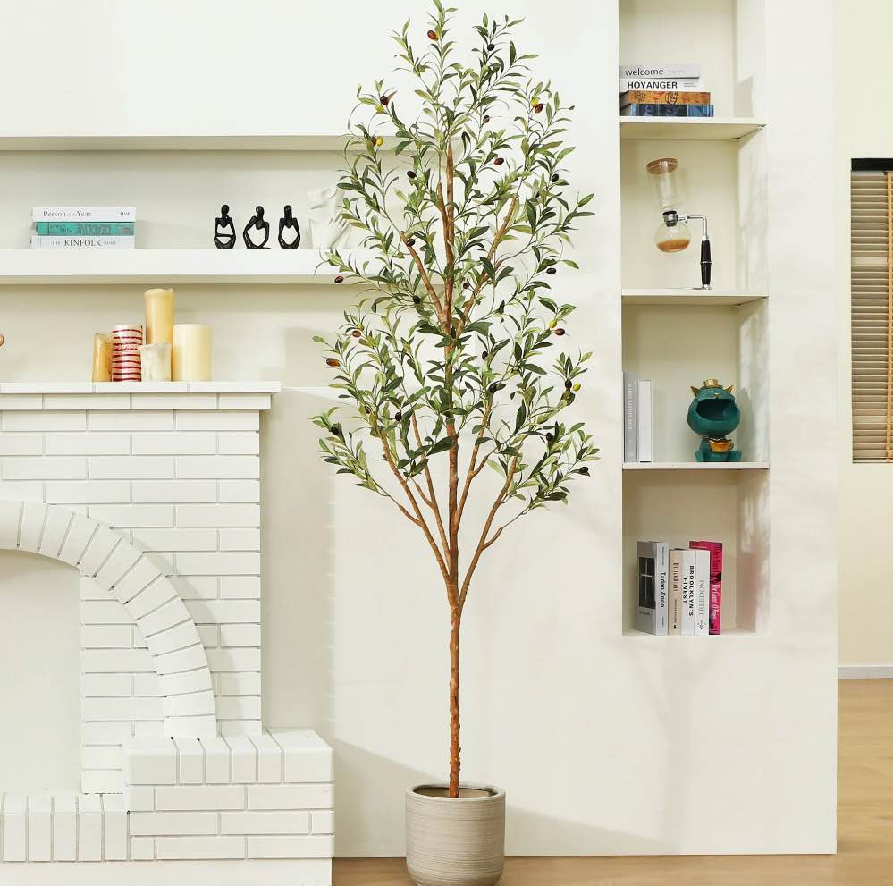 7 ft Artificial Olive Plants with Realistic Leaves and Natural Trunk, Silk Fake Olive Tree in Black Plastic Pot, Faux Olive Tree for Office Home