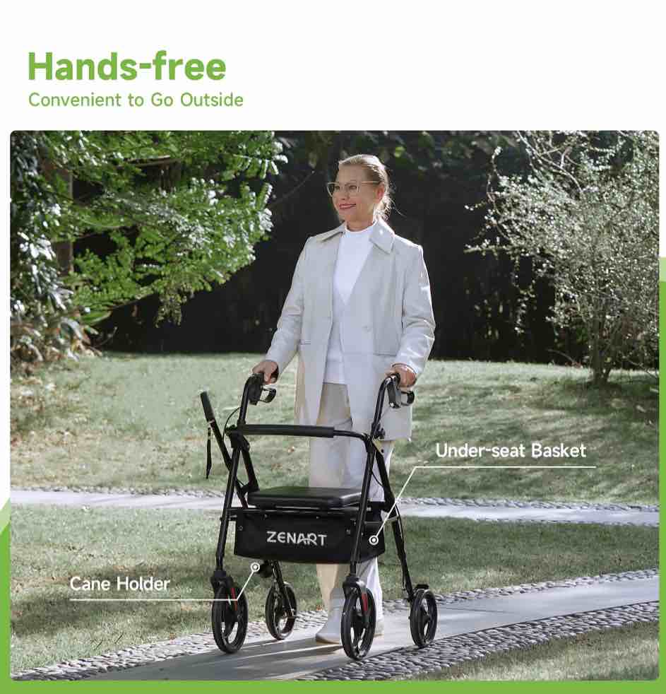 ZENART Mobility Rollator Walker for Seniors Adult with Adjustable Seat and 10" Wheels, Black