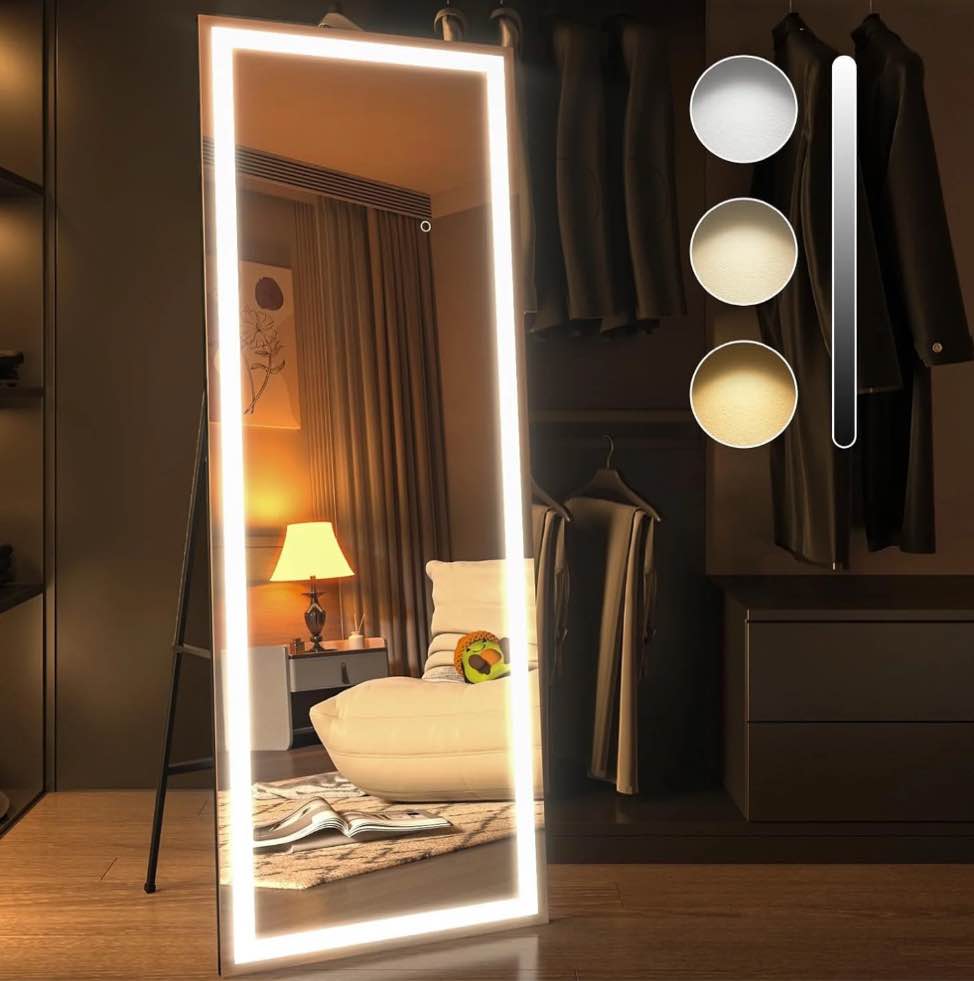 Swafrrt 57x18 Inch Rectangle LED Full Length Mirror, Black Frame Lighted Floor Standing Mirror with Dimmable & 3 Color Lighting for Bedroom Cloakroom, Wall Mounted Floor Mirror