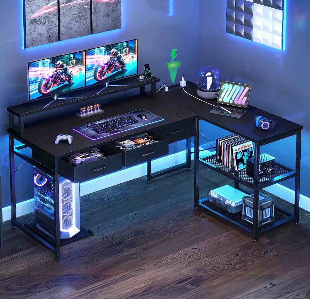 Sofanext 53 inch Reversible L Shaped Desk with 3 Drawers, Computer Gaming Desk with Power Outlets & USB Ports, Monitor Stand for Home Office, Corner Desk with Large Storage Space, Modern Black