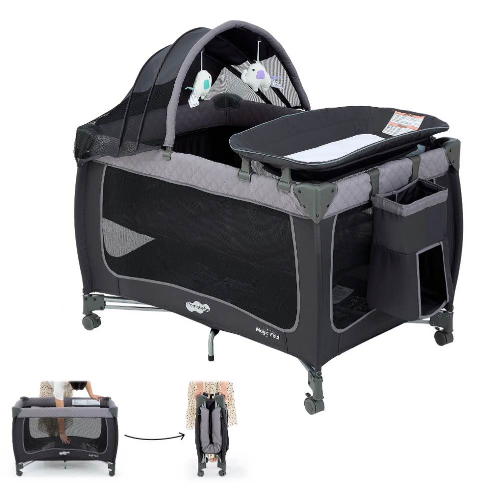 Pamo Babe Baby Playard, Magic Fold 1 Step Portable Playpen Changing Table for Newborn, Four-Panels