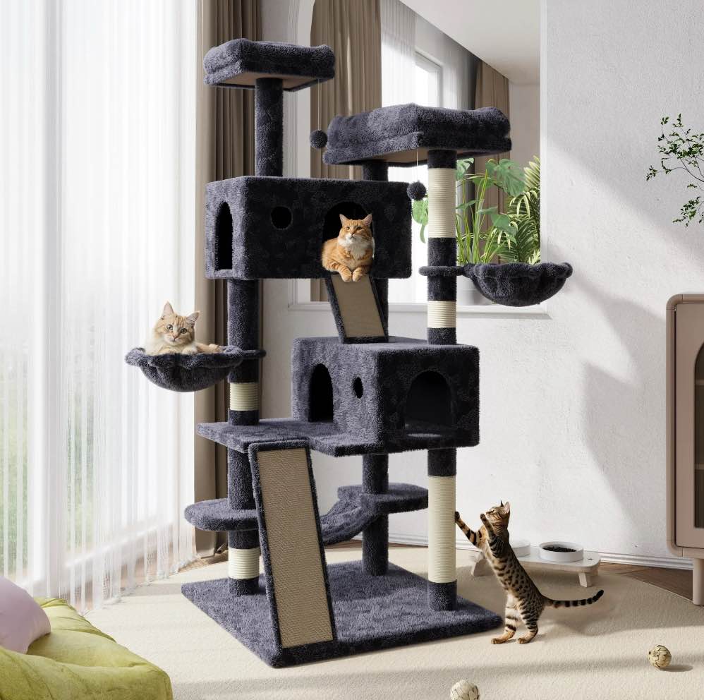 Amolife 65.7 Large Cat Tree Tower Condo for Cats with 2 Scratching Ramps Hammock & Scratching Post Dark Blue