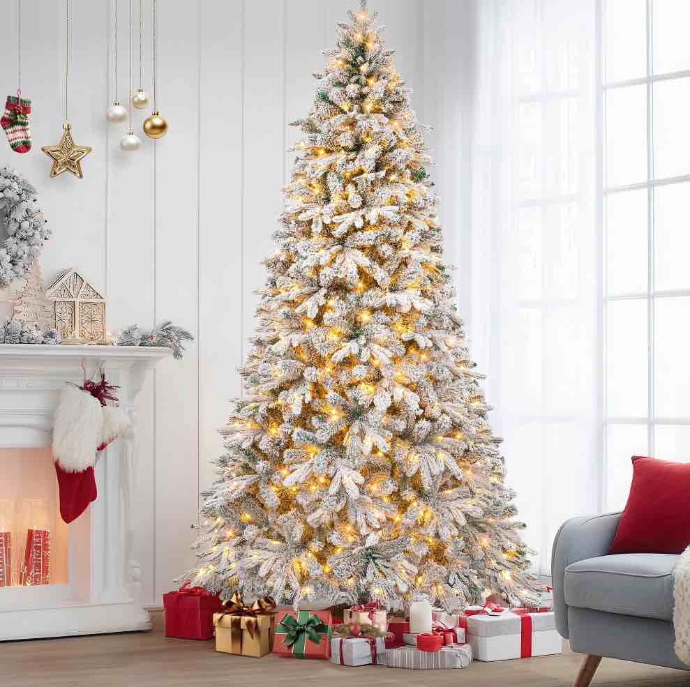 Firstness 6ft Pre-Lit Artificial Christmas Tree with 300 LED Lights,Snow Flocked Xmas Tree