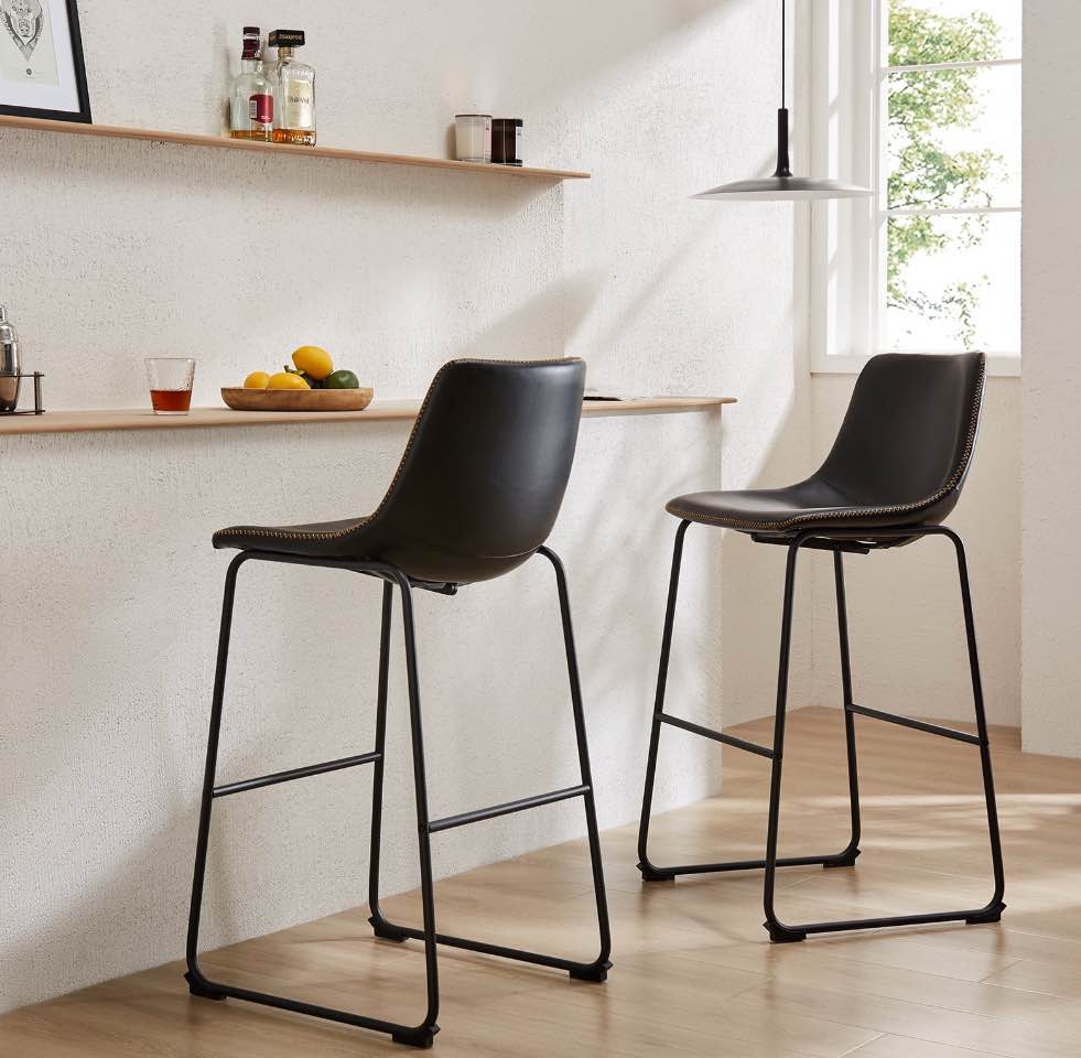 EDX Counter Height Bar Stools Set of 2 With Back and Footrest, Metal Frame, 26 inch, Black