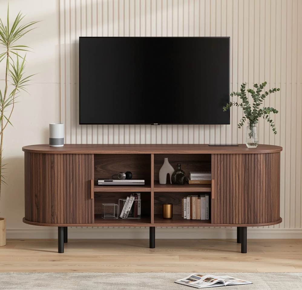 MARNUR 55" TV Stand for 60" TV, Wood Entertainment Center with Storage and Shelves, 2 Sliding Tambour Doors, Mid-Century Modern