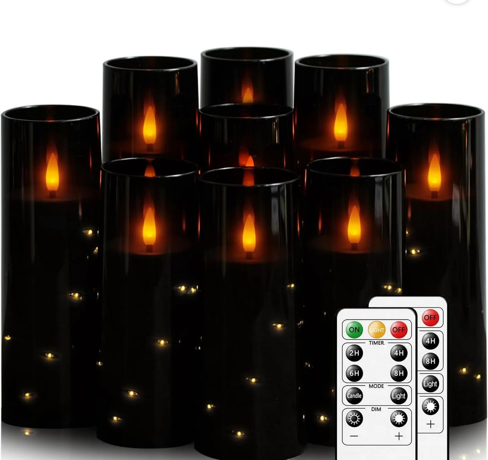 Flameless Candles,with Embedded Star String, Battery Operated Candles Flickering LED Pillar Candles with Remote Control and Timer, Home Decoration Add a Warm and Romantic Atmosphere?Set of 7 Black