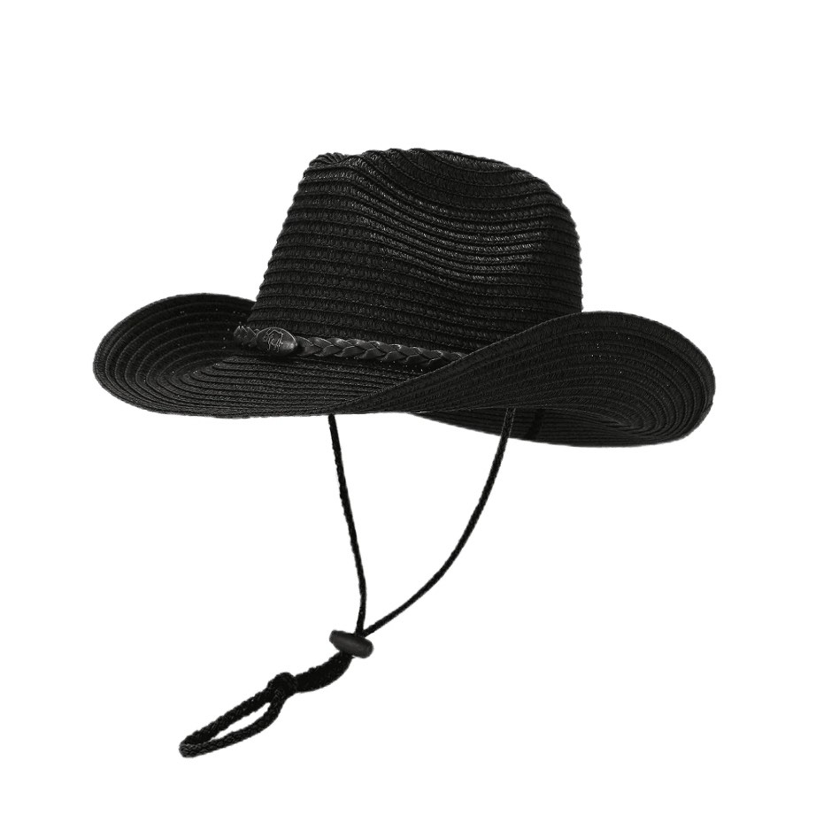 COOPLUS Straw Cowboy Hat for Women Western Cowgirl Adjustable Chin Strap Hats for Summer (( Black ))