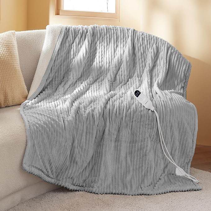 Bedsure Heated Blanket Electric Throw - Soft Ribbed Flannel Electric Blanket, Heating with 4 Time Settings, 6 Heat Settings, and 3 hrs Timer Auto Shut Off, Gift for Grandma (50x60 inches, Cream) 03 - light gray 