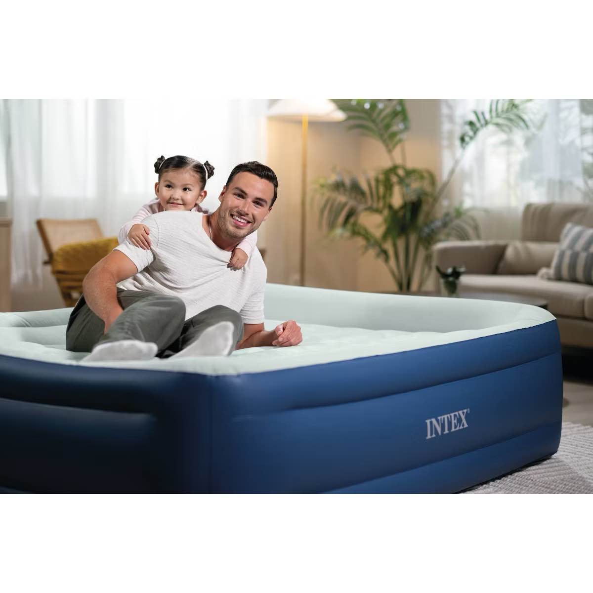 Intex Elevated 18" Pillow Rest Queen Air Mattress with Internal Pump - Off-White/Blue
