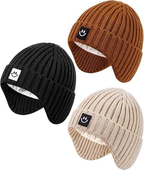 3 Pack Baby Beanie Hats with Earflaps, 6-24 months Size Baby Winter Hat for Infant Toddler Kids, Fleece Lined Knit Hat for Girls Boys