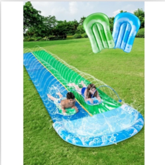JOYFY 22.5ft Triple Water Slide and 2 Inflatable Boards, Backyard Summer Lawn Water Slides Waterslide and Slip Sprinkler Water Toy for Kids Adults Outdoor Fun Blue/Green