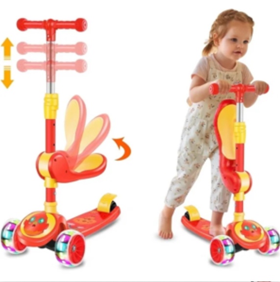 Eotvia Kids Scooter with LED Lighted Wheels, 3 Adjustable Handlebar/Foldable Seat, Sit or Stand Ride, Lean-to-Steer,Orange Scooters for Kids 3 YO & up