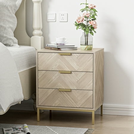 Eumyviv Wood 3 Drawer Nightstand Herringbone Beside Table Farmhouse Side Table for Bedroom Living Room Natural Oak H0099