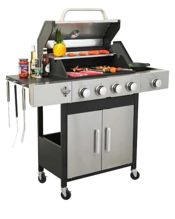 Furnibear 4-Burner Gas Grill Side Burner, Propane Stainless Steel BBQ Grill with Porcelain-Enameled Cast Iron Grates, 46790 BTU Barbecue Grill for Outdoor Cooking