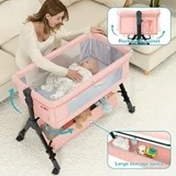kmaier baby bassinet sleeper, adjustable bedside sleeper, breathable mesh with wheels for 0-18 months-pink