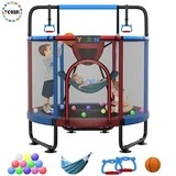 yorin trampoline for kids, 60" 55" 66" toddler mini trampoline with enclosure net, basketball hoop, 5ft indoor/outdoor kids trampoline with swing, adjustable gymnastics bars, gifts for kids, 600lbs