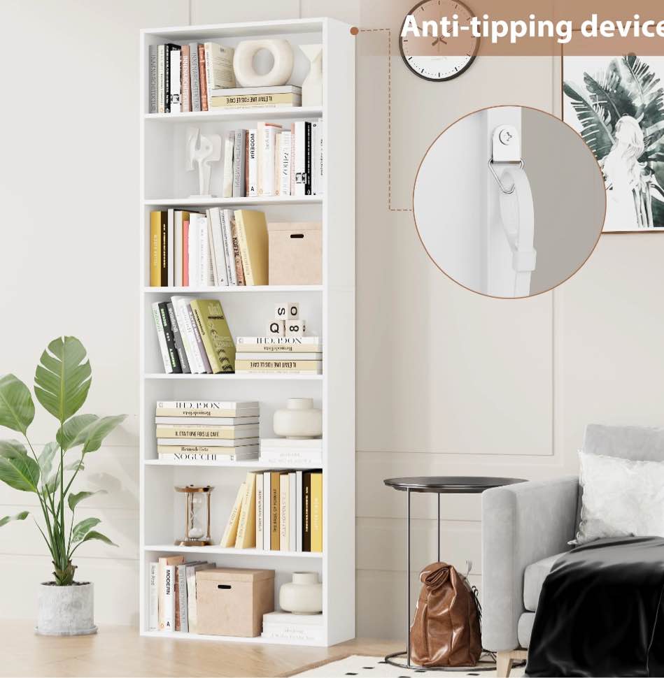 Homfa 82" Tall Bookcases, Freestanding Display Storage Shelves, 7-Tier Open Bookshelf for Home Office Living Room Bedroom, White