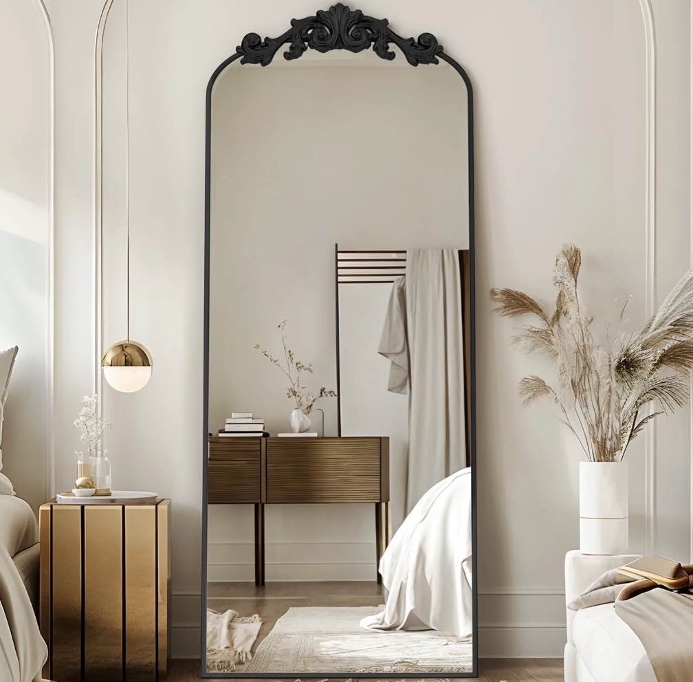 58"x18" Vintage Arched Full-Length Mirror with Carved Metal Frame, Baroque-Style Floor Mirror for Living Room, Bedroom, Entryway or Hallway Decor, Black