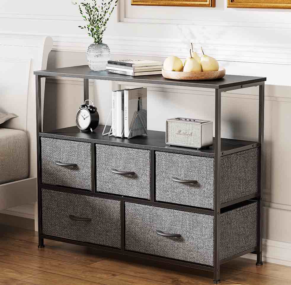 edx dresser tv stand, entertainment center with fabric drawers, media console table with open shelves for tv up to 45 inch for bedroom, living room, entryway, grey