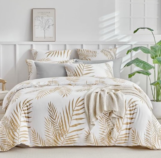 Lekesky Duvet Cover Queen Size, Reversible Botanical Floral Duvet Cover Set with Zipper Closure, 3 Pieces Soft Microfiber Gold Bedding Set (1Duvet Cover 90"x90", 2 Pillowcases 20"x26") 01-Gold Foliage White (No Comforter) Queen (90×90 inch)