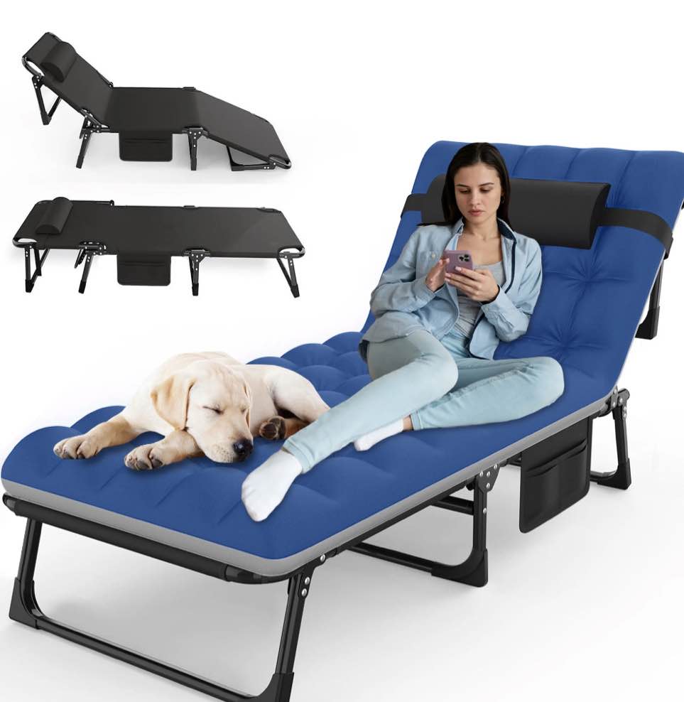 GVDV Portable Folding Camping Cot - Comfort Mattress & Pillow, Multi-Position Folding Chaise Lounge Chair, Oversized Folding Bed Cot for Outdoor, Home, Office