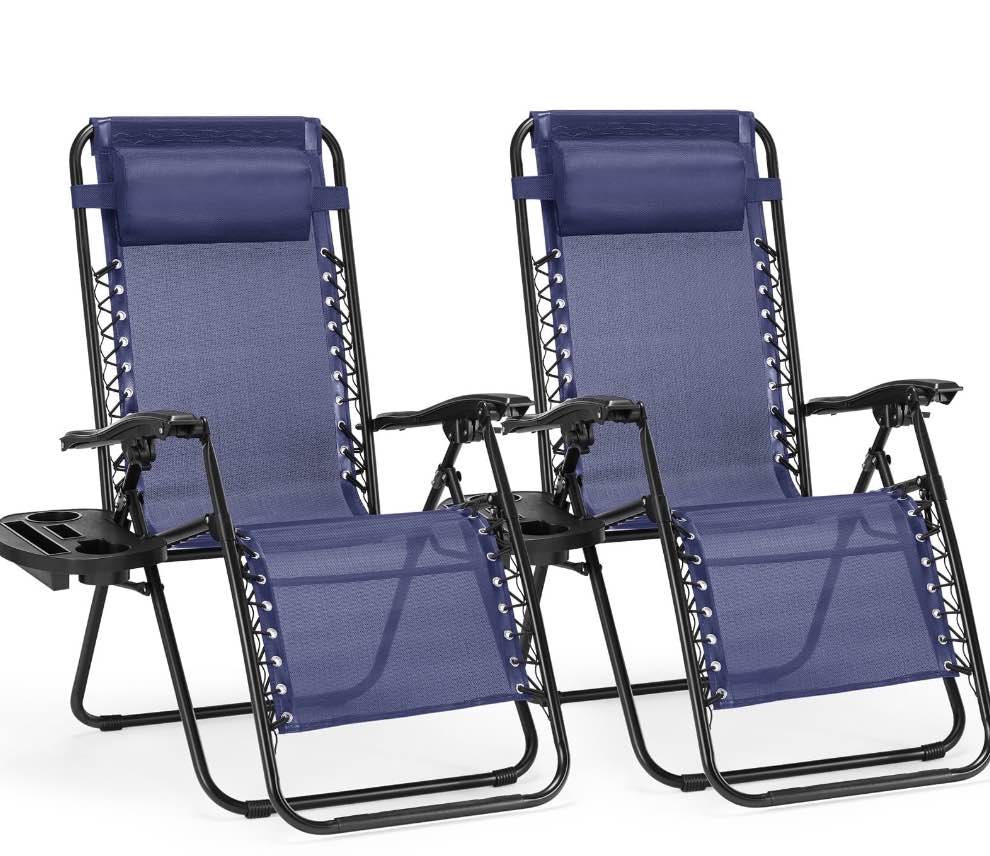 CONCETTA 2PCS Zero Gravity Patio Recliner, Textilene Folding Lounge with Adjustable Pillow & Cup Tray, Blue
