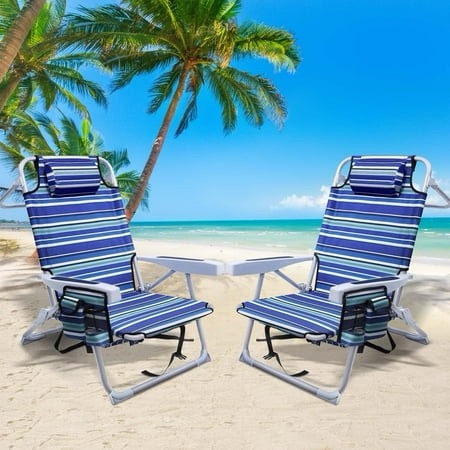 GVDV Backpack Beach Chair Set of 2 Portable Folding Beach Chair with Cup Holder and Towel Bars 4-Position Adjustable Reclining Chair for Beach Camp